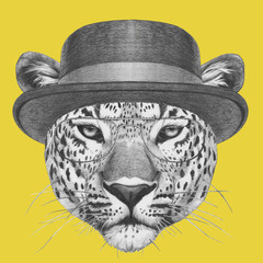 Portrait of Leopard with hat and glasses. Hand-drawn illustration.