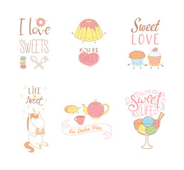 Set of hand drawn sweet food doodles, with kawaii cartoon faces, typography elements, Italian text La dolce vita (Sweet life). Isolated objects on white background. Design concept dessert, kids.