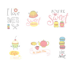 Set of hand drawn sweet food doodles, with kawaii cartoon faces, typography elements, Italian text La dolce vita (Sweet life). Isolated objects on white background. Design concept dessert, kids.