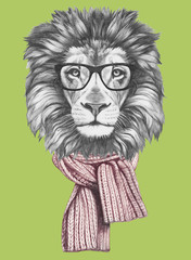 Portrait of Lion with glasses and scarf. Hand-drawn illustration.