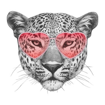 Leopard in Love! Portrait of Leopard with sunglasses. Hand drawn illustration.