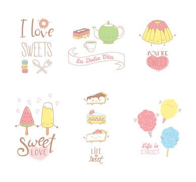 Set of hand drawn sweet food doodles, with kawaii cartoon faces, typography elements, Italian text La dolce vita (Sweet life). Isolated objects on white background. Design concept dessert, kids.