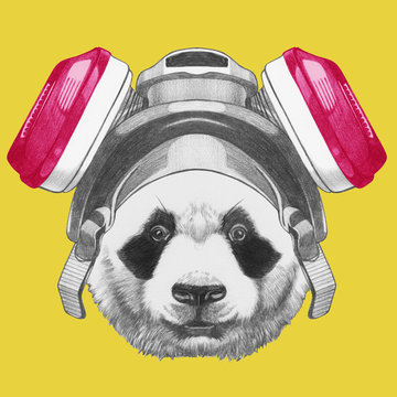 Portrait of  Panda with gas mask. Hand-drawn illustration.