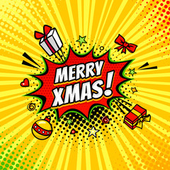 Comic speech bubble with expression text Merry Christmas! gifts, bows, hearts, toys, stars. Vector bright dynamic cartoon holiday illustration in retro pop art style on halftone background.