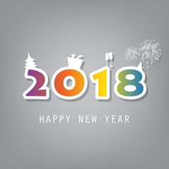 Best Wishes - Simple Colorful New Year Card, Cover or Background Design Template With Christmas Tree, Gift Box, Drinking Glasses And Fireworks - 2018
