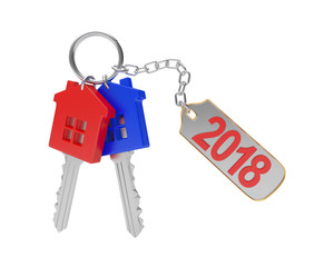 Red and blue keys in the form of a house and text 2018 on label isolated on a white background. 3D illustration