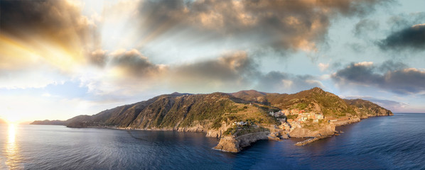 Manarola wonderful panoramic aerial view at sunset, Five Lands, Italy