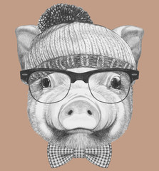 Portrait of Pig with sunglasses, hat and bow tie, hand-drawn illustration