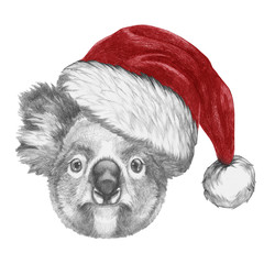 Portrait of Koala with santa hat, hand-drawn illustration
