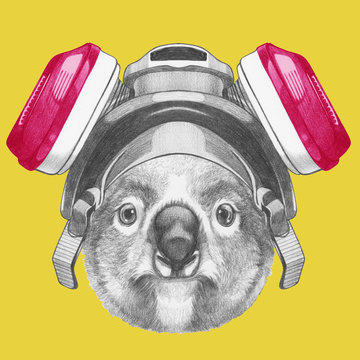 Portrait of Koala with gas mask, hand-drawn illustration
