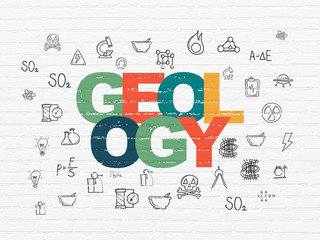 Science concept: Painted multicolor text Geology on White Brick wall background with  Hand Drawn Science Icons