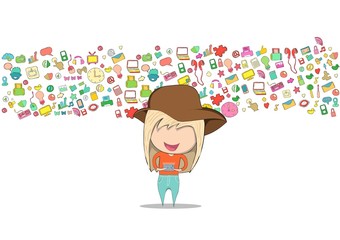 Teenage girl wearing hat playing with phone happy template design thinking idea with social network icons background. Drawing by hand vector. Social network background with media icons.