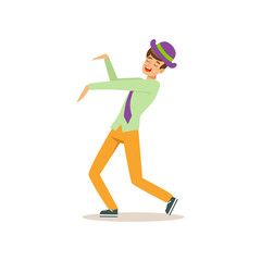 Fototapeta na wymiar Young guy in dancing move. Party lifestyle. Man having fun on dance floor. Cartoon male character. Isolated flat vector