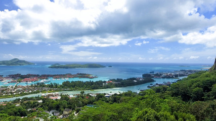 Aerial view of Mahe' mountains and coastline