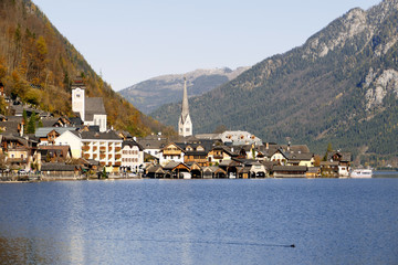 Fototapeta na wymiar Alpine village of Hallstatt by the lake Hallstatt in Salzkammergut, Austria