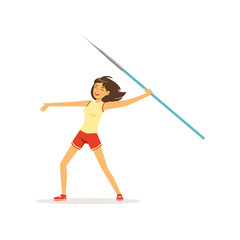 Fototapeta na wymiar Happy girl taking part in javelin throw competition. Athletic young woman character in sportswear. Healthy lifestyle. Olympic game. Isolated flat vector