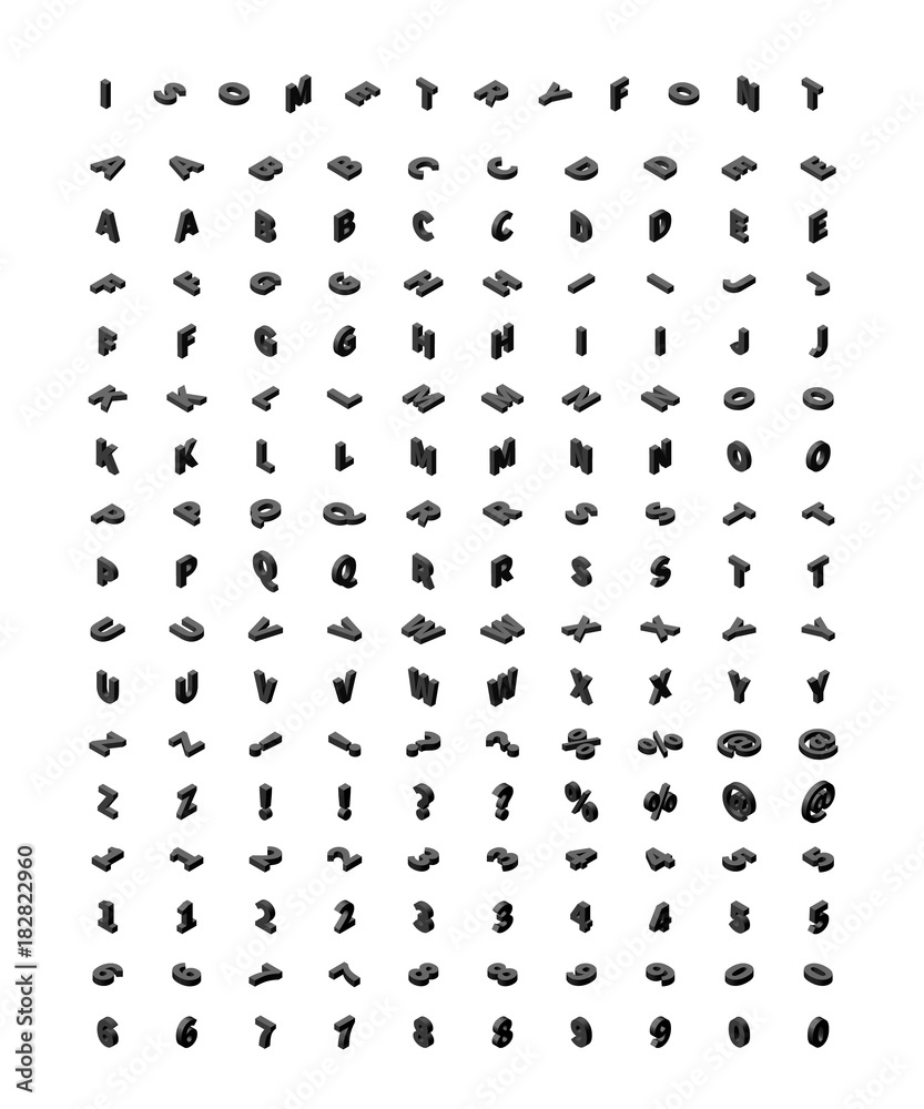 Fototapete large set of black isometric 3d letters in 4 different points of view on white