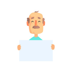 Funny grandfather character holding empty white sign in hands. Cartoon bald man with mustache and cheerful face expression. Isolated flat vector