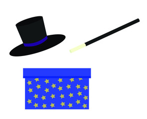 magician, magic wand blue bow with stars and wizard black hat isolated on white simple flat vector illustration