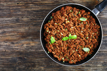 bolognese sauce in skillet, top view