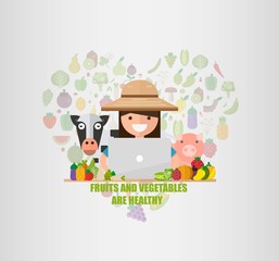 Sell concept with women farmer And laptop. Vegetable Fruit. Happy Farmer fresh natural products. Vector illustration in a flat style.
