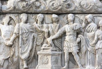 Fototapeta na wymiar Thessaloniki, Greece, Ancient ruins with bas-reliefs 