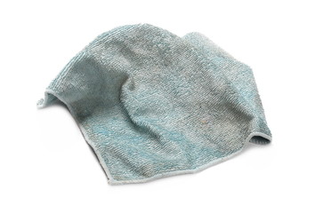 Fototapeta na wymiar Dirty blue crumpled microfiber cloth isolated on white background 
