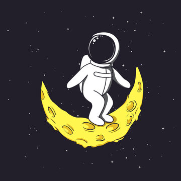 Spaceman stands on crescent Moon.Childish vector illustration