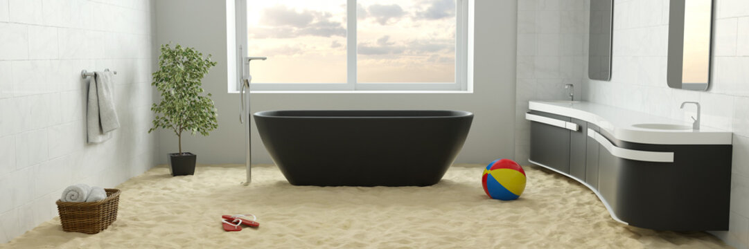 Sand vom Strand auf Boden im Badezimmer