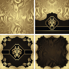 Set of three floral invitations and template of seamless floral wallpaper. Seamless background in a gold. Floral decoration in a gold. Striped and floral background