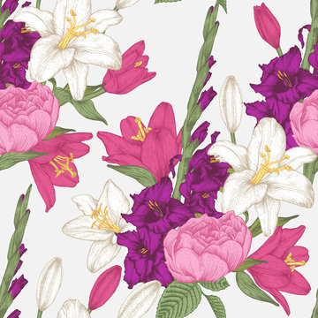 Vector floral seamless pattern with hand drawn gladiolus flowers, lilies and roses in vintage style