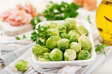 Brussels sprouts. Preparation for roasting Brussels sprouts with bacon.