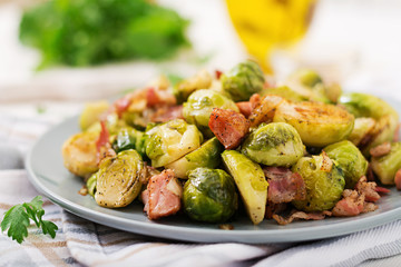 Brussels sprouts. Roasted Brussels sprouts with bacon. Delicious lunch.