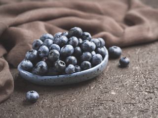 Blueberry on brown background copy space