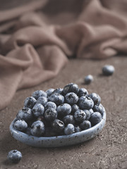 Blueberry on brown background copy space
