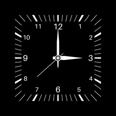 Clock. Square shaped clock. Vector illustration on black background