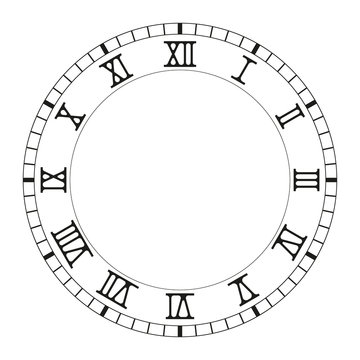 Clock face. Black blank clock with roman numerals