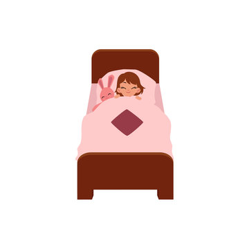 vector flat cartoon children at summer camp concept. Girl kid having rest sleeping in bed under blanket with pink rabbit toy. Isolated illustration on a white background.