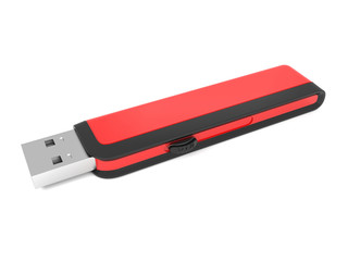 3d illustration of a red black metal flash drive on a white background.