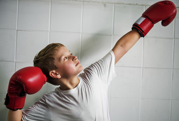 Boy Boxing Victory Confidence Posing Winning Concept