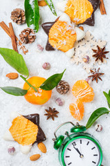 Christmas new year composition with tangerine mandarine and cookies
