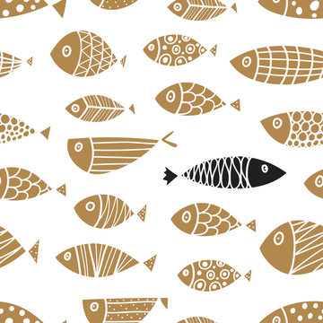 Gold Fish.  Seamless Pattern With Cute Fish. Sea Background.