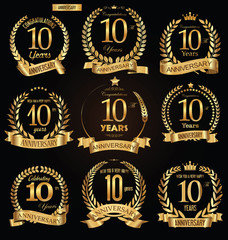 Anniversary golden retro laurel wreath vector illustration collection