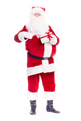 Isolated portrait of Santa Claus holding Christmas gift box