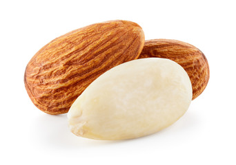 Closeup of almonds. Almonds isolated on white.