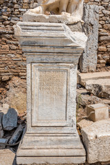 Ancient scripture on marble Ruins in Ephesus in Selcuk,Izmir,Turkey.