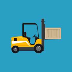 Yellow Forklift Truck Isolated on a Blue Background, Vehicle Loader Picks up a Box, Vector Illustration