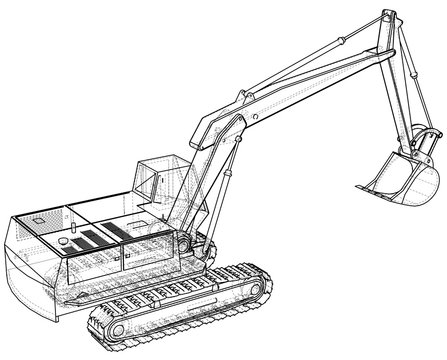 Excavator. Wire-frame. EPS10 format. Vector rendering of 3d