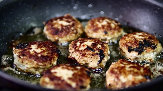 Fried pork meatballs or cutlets in frying pan, they are almost ready.