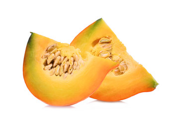 two sliced japanese pumpkin isolated on white background